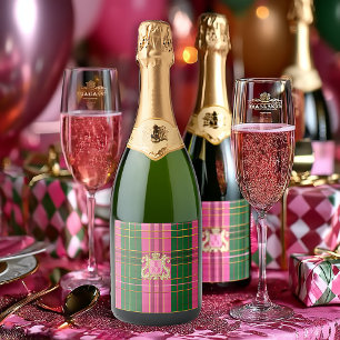 Chic Pink and Green Plaid Monogram Wine Bottle  Sparkling Wine Label