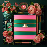 Chic Pink and Green Striped Planner<br><div class="desc">Elegant Customizable Monogrammed Planner Embrace sophistication with this stylish monogrammed notebook and planner, featuring a timeless pink and green striped design complemented by a luxurious gold leaf motif. This elegant planner is perfect for those who value organization with a touch of personalization. The customizable text and optional leaf design add...</div>