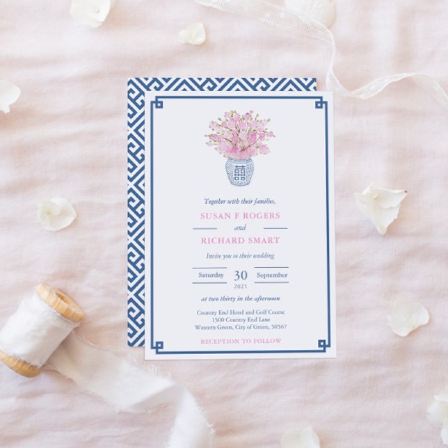 Chic Pink And Navy Blue Chinoiserie Vase Wedding Invitation (Creator Uploaded)