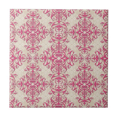 Chic Pink and Off White Floral Damask Pattern Ceramic Tile