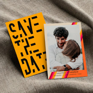 Chic Pink and Orange 70s Retro Stripes Wedding Save The Date