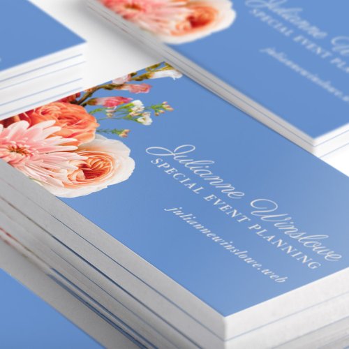 Chic Pink and Peach Flowers on Periwinkle Business Card