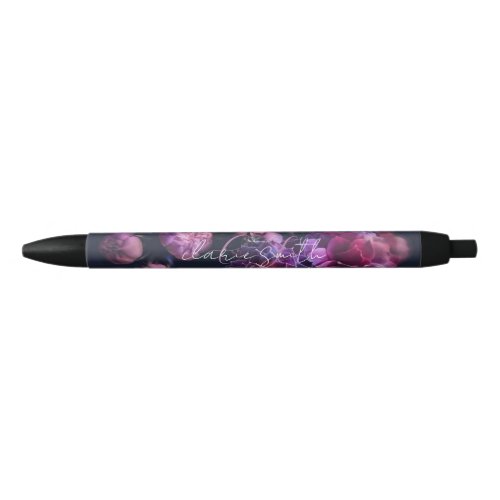 chic pink and purple flower with script monogram black ink pen
