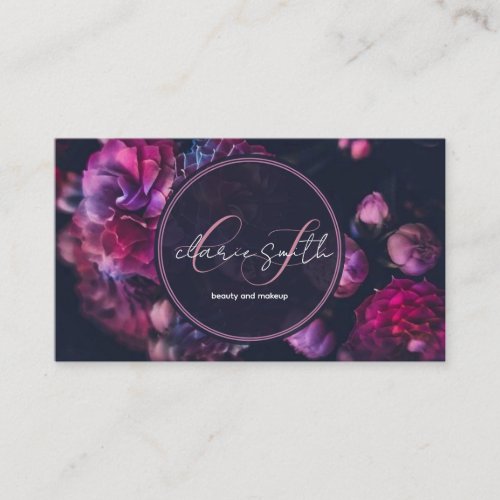 chic pink and purple flower with script monogram business card