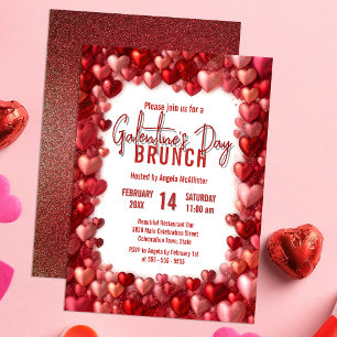 Chic Pink and Red Hearts Galentine's Brunch Invitation