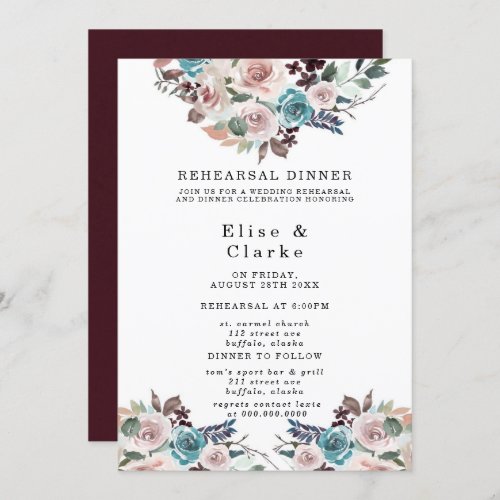 Chic Pink and Teal Peonies Rehearsal Dinner Invitation