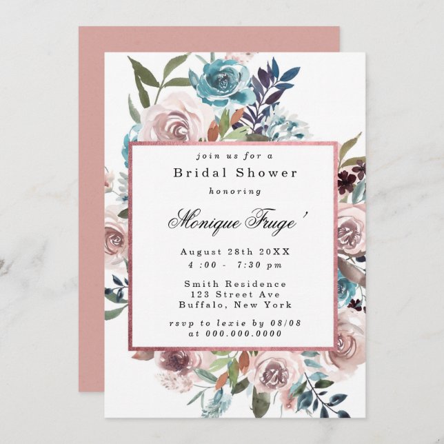 Chic Pink and Teal Peony Bridal Shower  Invitation (Front/Back)