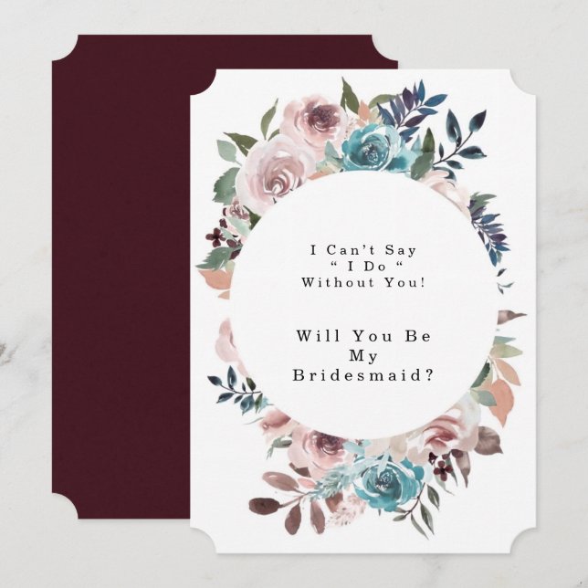 Chic Pink and Teal Peony Will You Be My Bridesmaid Invitation (Front/Back)