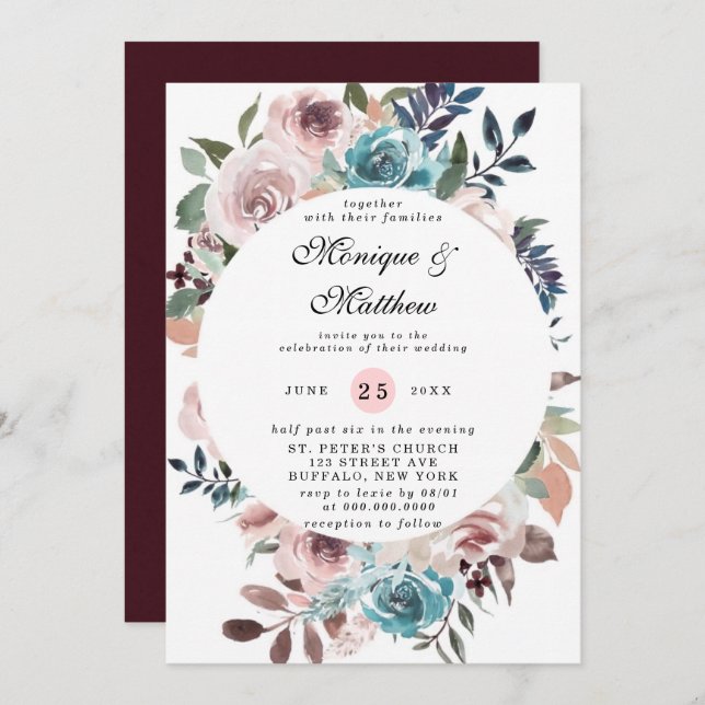 Chic Pink and Teal Watercolor Peonies Wedding  Invitation (Front/Back)