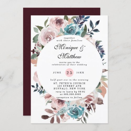 Chic Pink and Teal Watercolor Peonies Wedding  Invitation