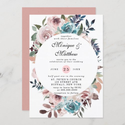 Chic Pink and Teal Watercolor Peony Wedding Invita Invitation