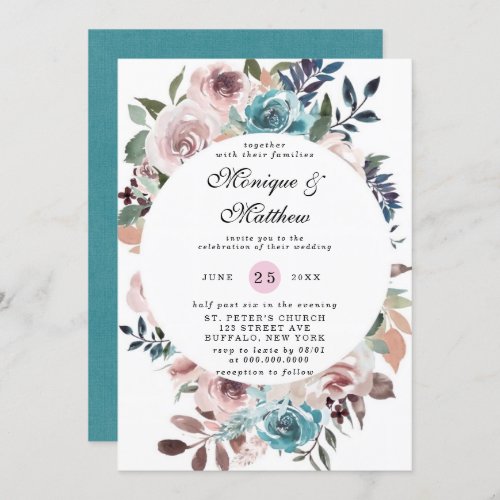 Chic Pink and Teal Watercolor Peony Wedding Invitation