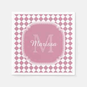 Chic Pink and White Checked Monogrammed Name Napkins