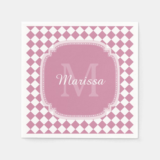 Chic Pink and White Checked Monogrammed Name Napkins (Front)