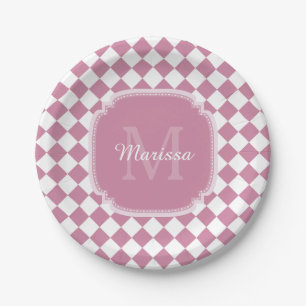 Chic Pink and White Checked Monogrammed Name Paper Plates