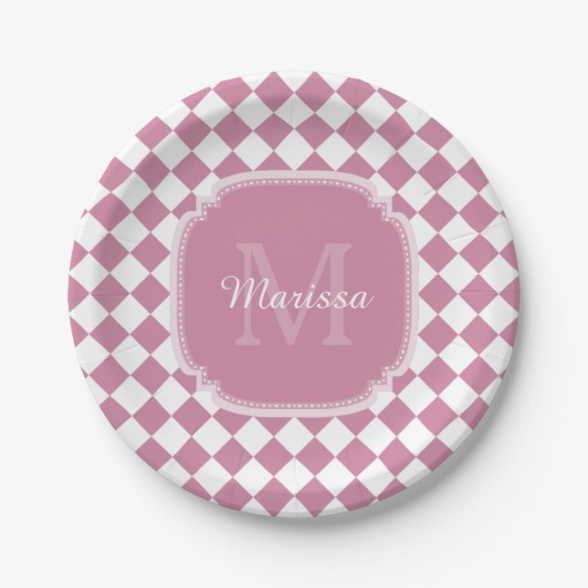 Chic Pink and White Checked Monogrammed Name Paper Plates (Front)