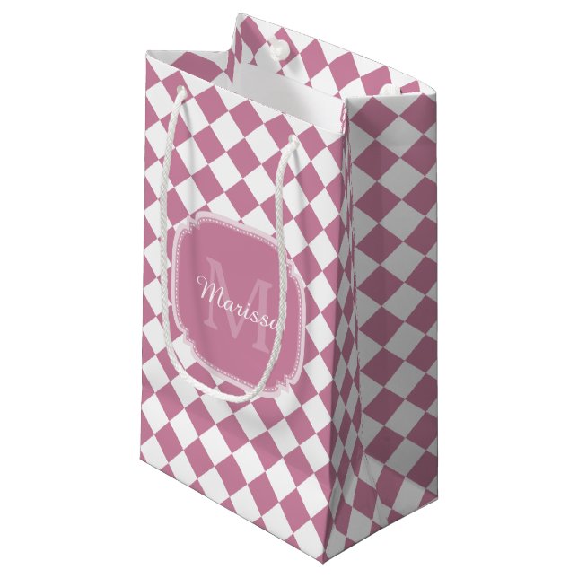 Chic Pink and White Checked Monogrammed Name Small Gift Bag (Front Angled)