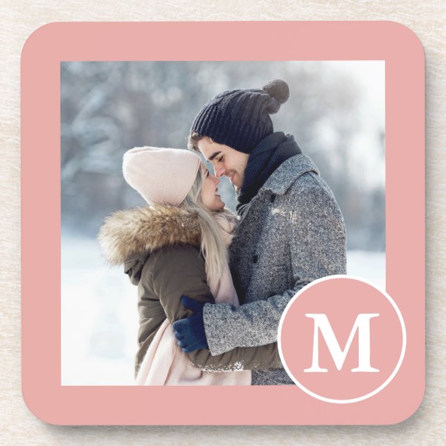 Chic Pink and White Monogram Photo Beverage Coaster (Front)