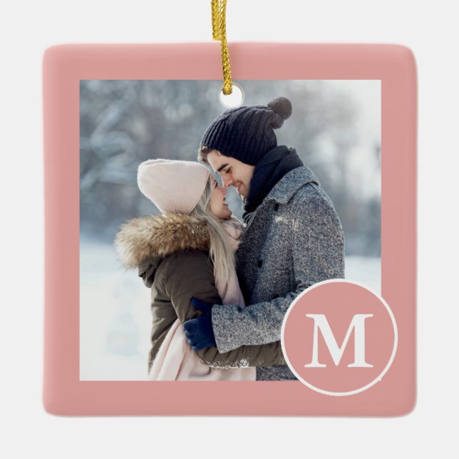 Chic Pink and White Monogram Photo Ceramic Ornament (Front)