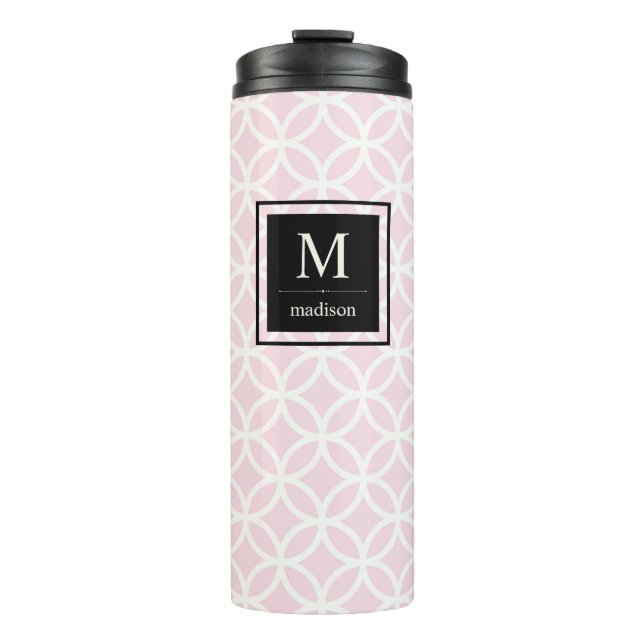 Chic Pink and White Pattern with Black Monogram Thermal Tumbler (Front)
