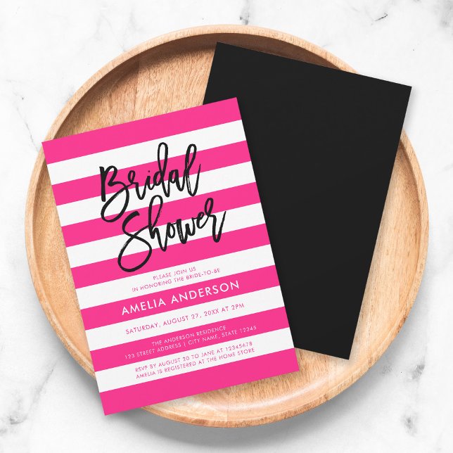 Chic Pink and White Stripes Black Bridal Shower Invitation (Creator Uploaded)