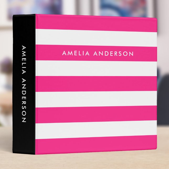 Chic Pink and White Stripes with Black Side 3 Ring Binder (Creator Uploaded)