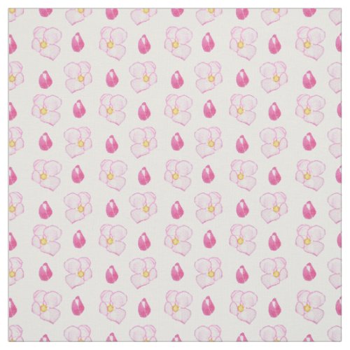 Chic Pink Apple Blossom Buds and Flowers on White Fabric