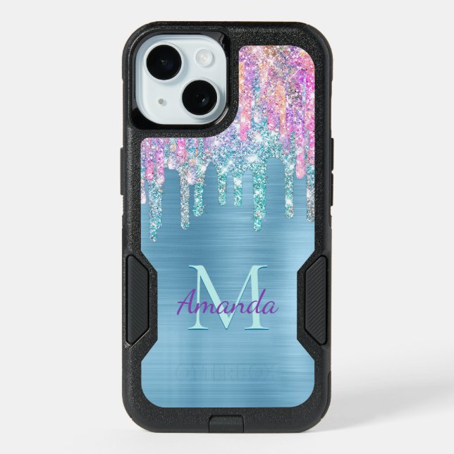 Chic pink aqua unicorn dripping glitter monogram C iPhone 15 Case (Back)
