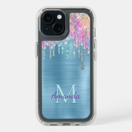 Chic pink aqua unicorn dripping glitter monogram C iPhone 15 Case