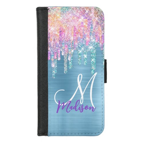 Chic pink aqua unicorn dripping glitter monogram iPhone 87 wallet case