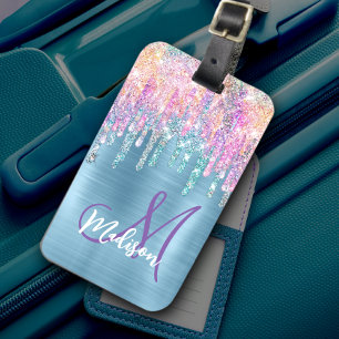 Chic pink aqua unicorn dripping glitter monogram luggage tag