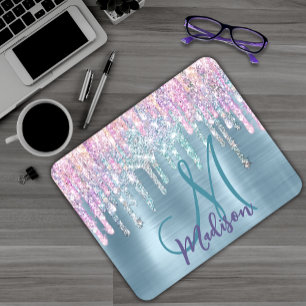 Chic pink aqua unicorn dripping glitter monogram mouse pad