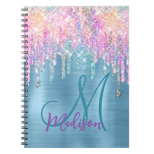 Chic pink aqua unicorn dripping glitter monogram notebook