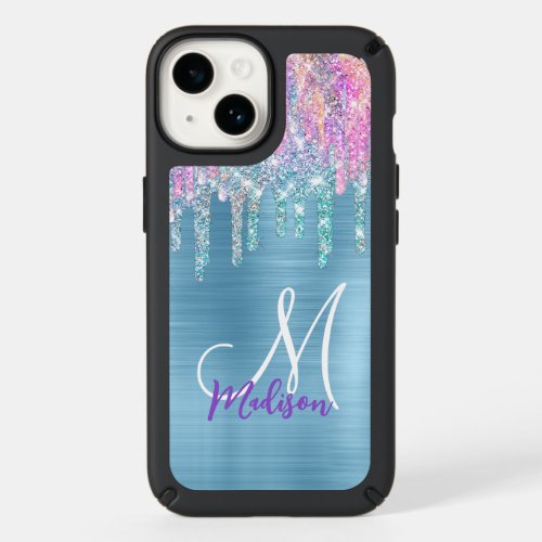 Chic pink aqua unicorn dripping glitter monogram speck iPhone 14 case