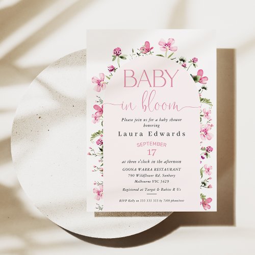 Chic Pink Arch Wildflowers Baby In Bloom Invitation