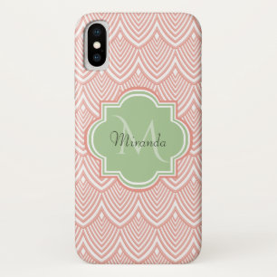 Chic Pink Arched Scallops Soft Green Monogram Name iPhone X Case