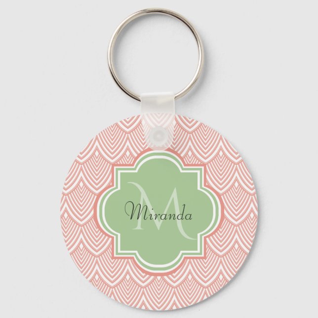 Chic Pink Arched Scallops Soft Green Monogram Name Keychain (Front)