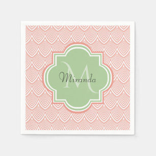 Chic Pink Arched Scallops Soft Green Monogram Name Paper Napkins