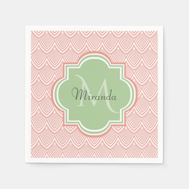 Chic Pink Arched Scallops Soft Green Monogram Name Paper Napkins (Front)