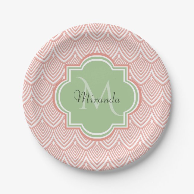 Chic Pink Arched Scallops Soft Green Monogram Name Paper Plates (Front)