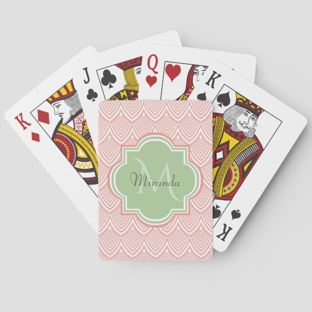 Chic Pink Arched Scallops Soft Green Monogram Name Poker Cards (Back)