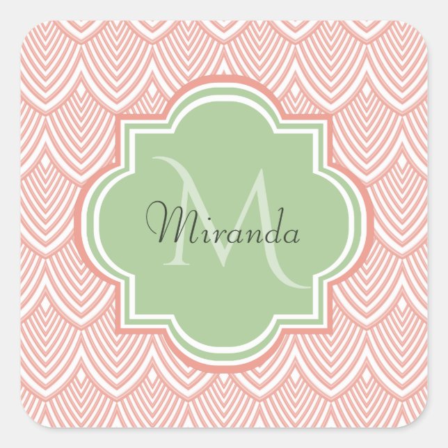 Chic Pink Arched Scallops Soft Green Monogram Name Square Sticker (Front)