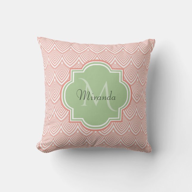 Chic Pink Arched Scallops Soft Green Monogram Name Throw Pillow (Front)