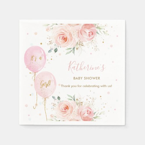 Chic Pink Balloons Floral Girl Baby Shower Napkins