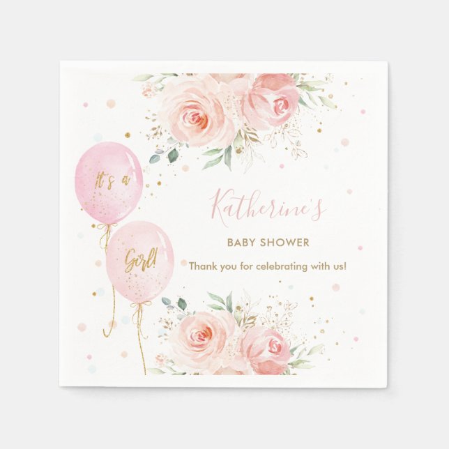Chic Pink Balloons Floral Girl Baby Shower Napkins (Front)