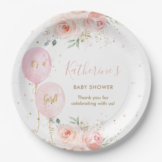 Chic Pink Balloons Floral Girl Baby Shower Paper Plates (Front)