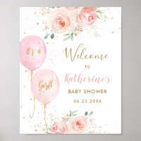 Chic Pink Balloons Floral Girl Baby Shower Welcome Poster