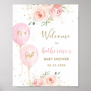 Chic Pink Balloons Floral Girl Baby Shower Welcome Poster