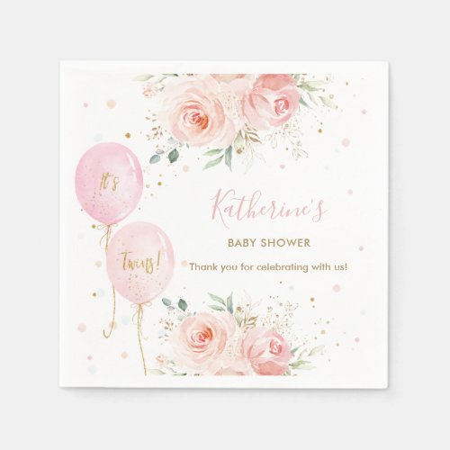 Chic Pink Balloons Floral Twin Girls Baby Shower Napkins