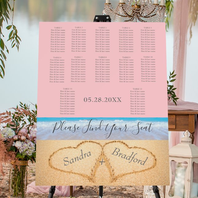 Chic Pink Beach Wedding 2 Heart Seating Chart Foam Board (Creator Uploaded)